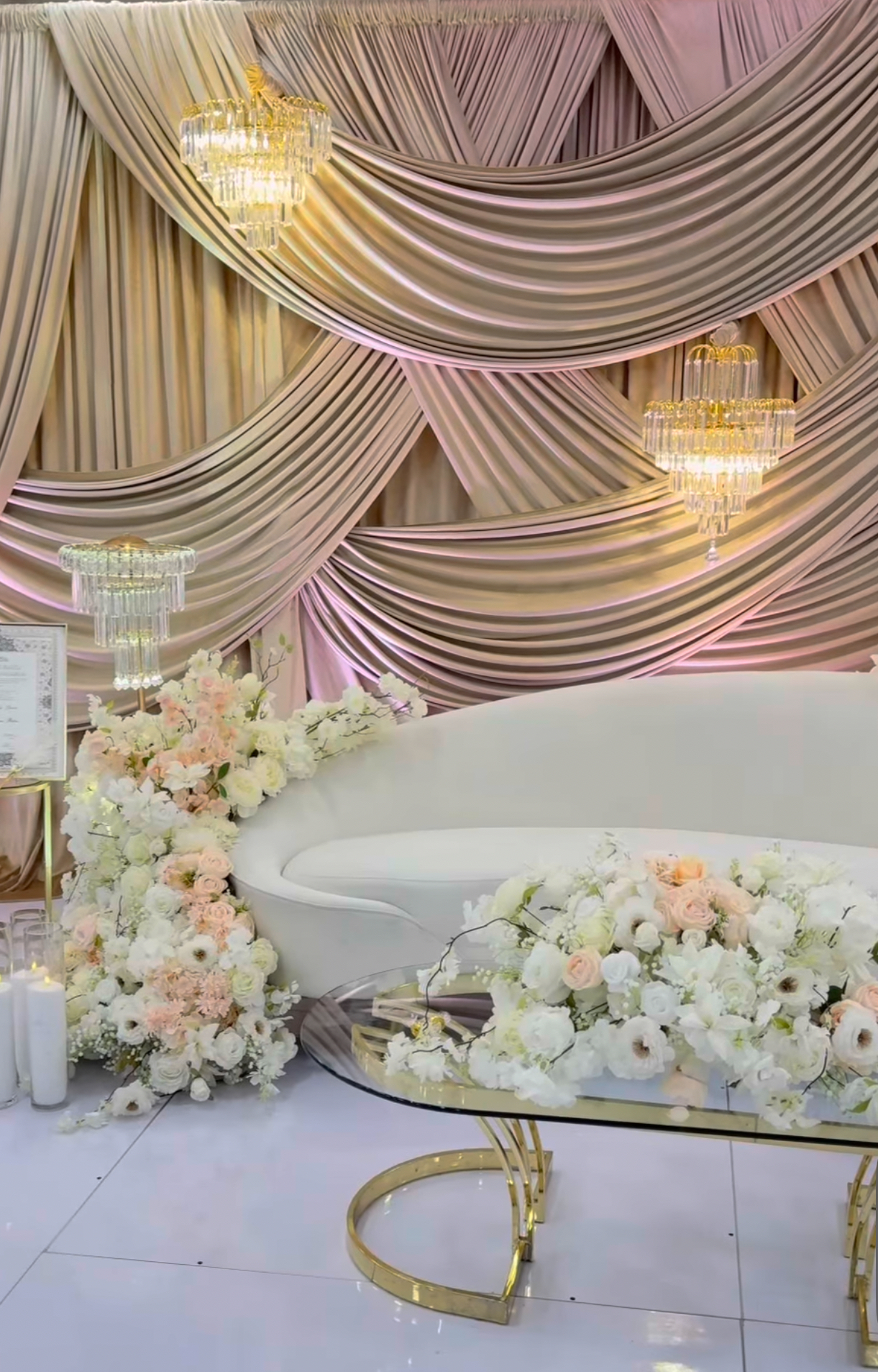 Blush draping with crystal chandeliers